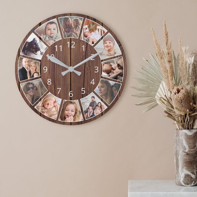 Reloj Redondo Mediano Personalized 12 Photo Collage Natural Wood (Subido por el creador)