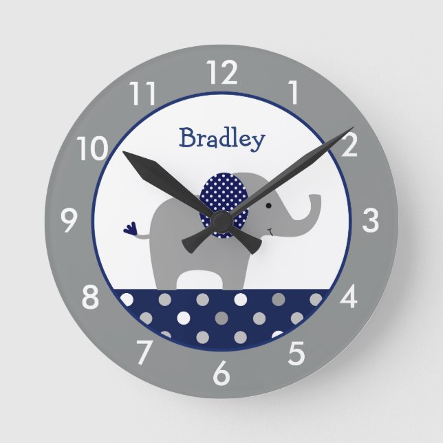 Reloj Redondo Mediano Personalized Blue and Gray Elephant Nursery Round  (Anverso)