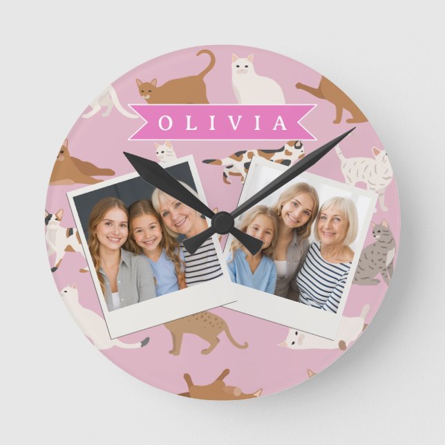 Reloj Redondo Mediano Personalized Cute Pink Cat Pattern Gift Cat Lover (Anverso)