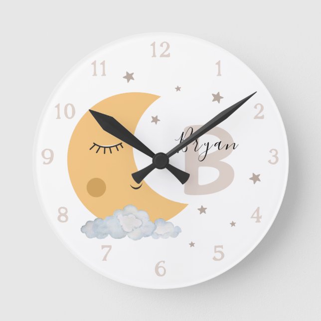 Reloj Redondo Mediano Personalized Moon Nursery Wall Clock Neutral Beige (Anverso)
