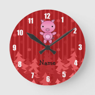 Reloj Redondo Mediano Personalized name pig red christmas trees stripes