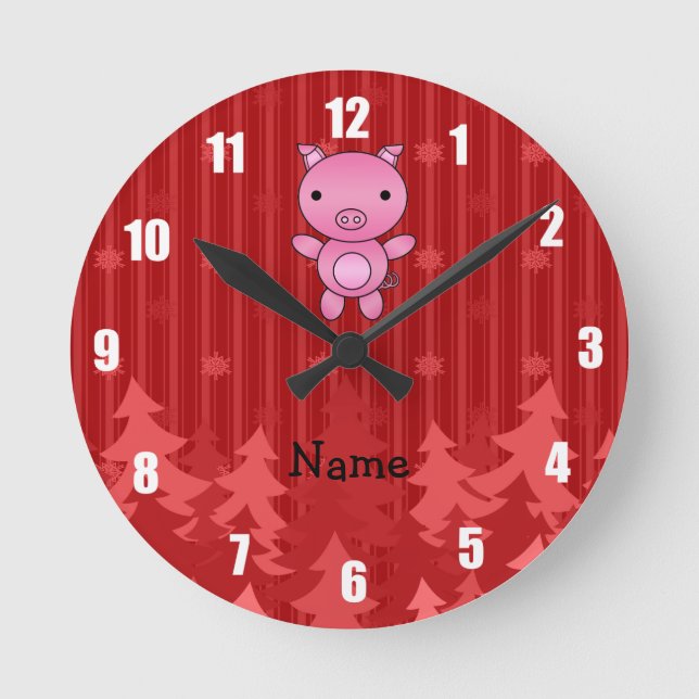 Reloj Redondo Mediano Personalized name pig red christmas trees stripes (Anverso)