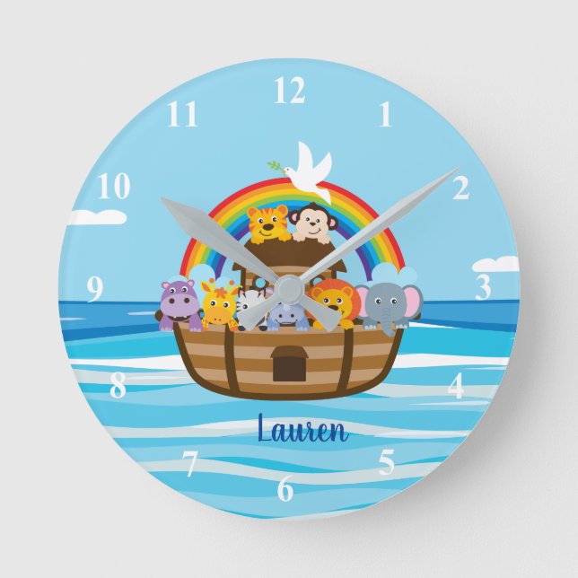 Reloj Redondo Mediano Personalized Noah's Ark Nursery Wall Clock (Anverso)