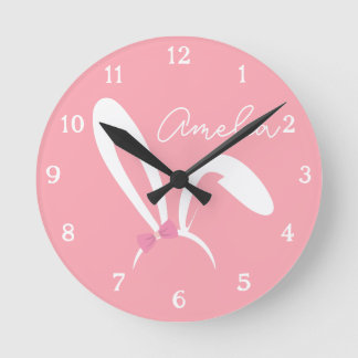 Reloj Redondo Mediano Personalized Pink Bunny Nursery Wall Clock Cute