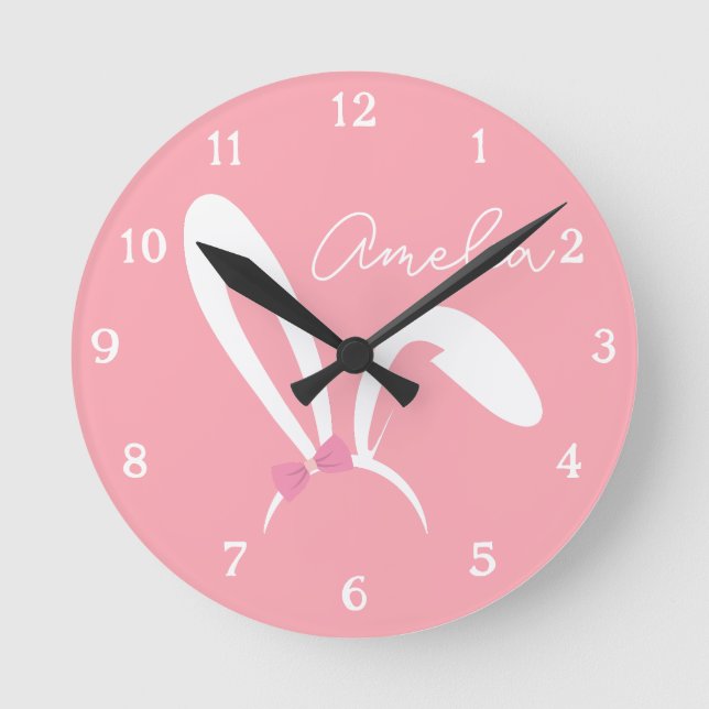 Reloj Redondo Mediano Personalized Pink Bunny Nursery Wall Clock Cute (Anverso)