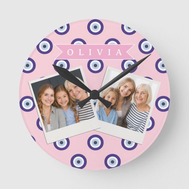 Reloj Redondo Mediano Personalized Pink Evil Eye Pattern Gifts With Name (Anverso)