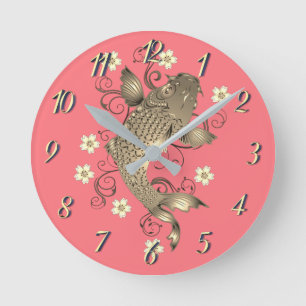 Reloj Redondo Mediano Pescado de Koi oro de durazno oriental japonés