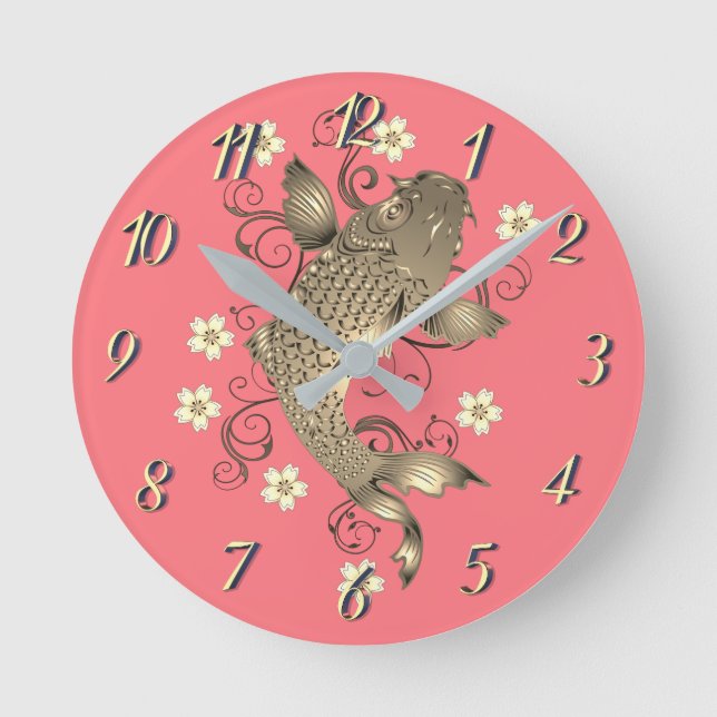 Reloj Redondo Mediano Pescado de Koi oro de durazno oriental japonés (Anverso)