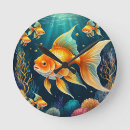 Reloj Redondo Mediano Pescado de oro en aguas submarinas