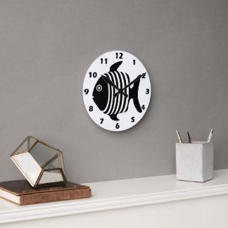 Reloj Redondo Mediano Pescado Negro Y Blanco