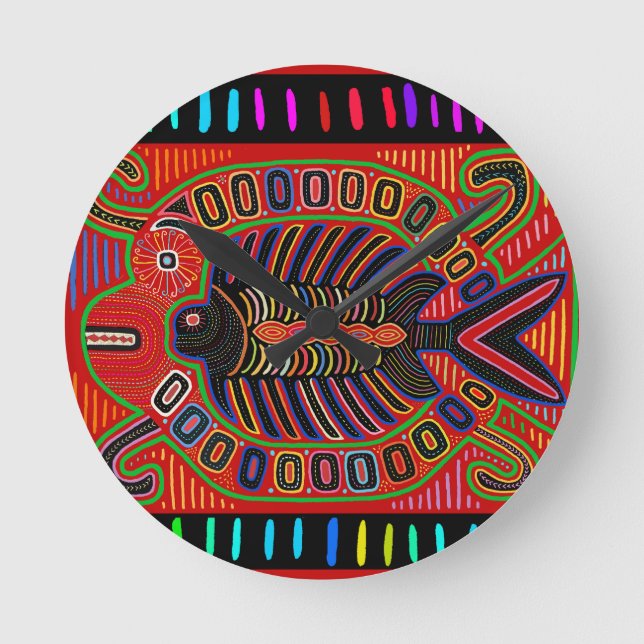 Reloj Redondo Mediano Pescado volador de Mola indio de Cuna (Anverso)