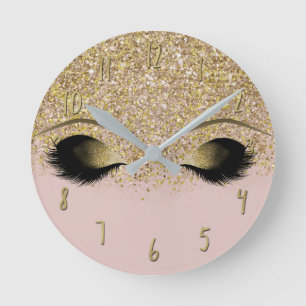 Reloj Redondo Mediano Pestañas Glam Moda Actual con Brillo Rosa y Dorado