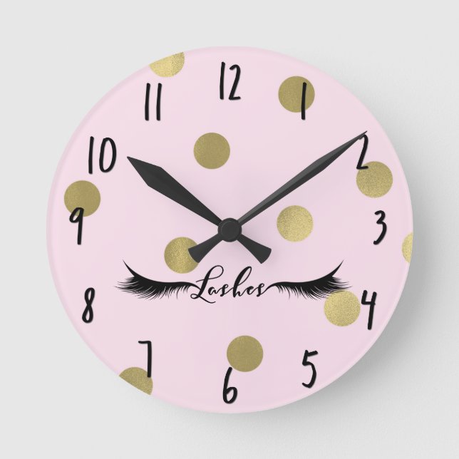 Reloj Redondo Mediano Pestañas Modern Glam Salón Rosa y Dorado (Anverso)