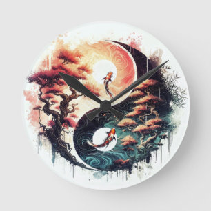 Reloj Redondo Mediano Pez Koi y Yin Yang del Templo
