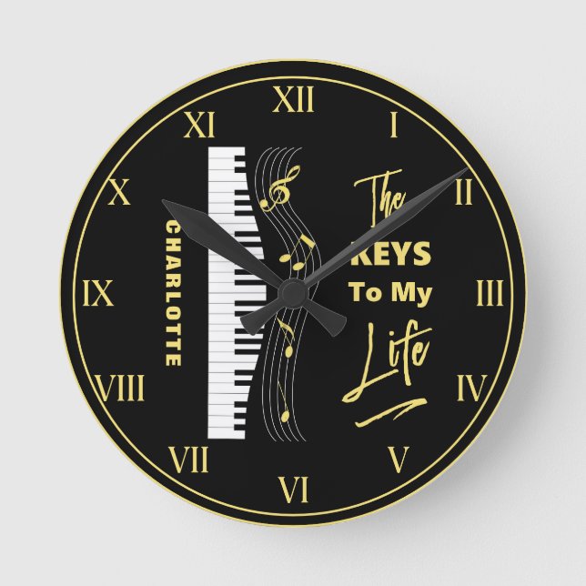 Reloj Redondo Mediano Piano Keyboard Players Fun Music Notes (Anverso)