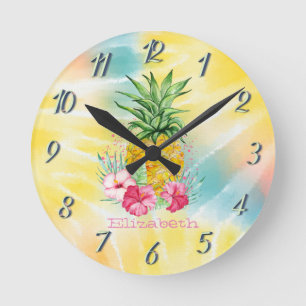 Reloj Redondo Mediano Piña, Hibisco Acuarela Arcoíris Tie Dye