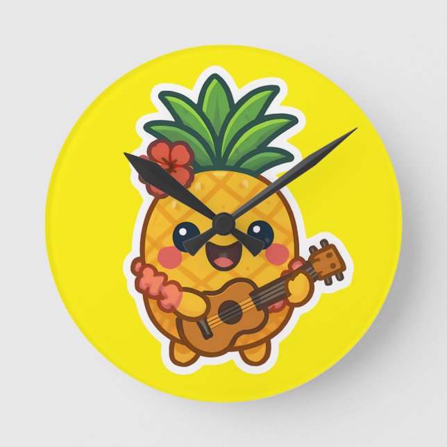 Reloj Redondo Mediano Piña Kawaii sonriente - Tropical (Anverso)
