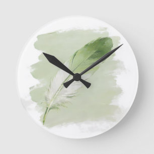 Reloj Redondo Mediano Pincelada De Verde Salvia Pluma Elegante Moderno