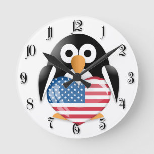 Reloj Redondo Mediano Pingüino con la bandera de los E.E.U.U.