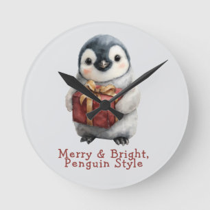 Reloj Redondo Mediano Pingüino de Navidad Alegre y Brillante