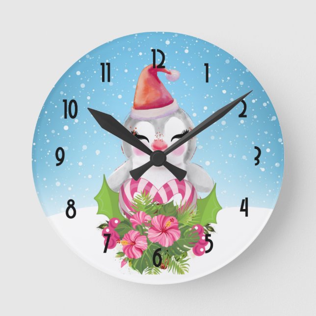 Reloj Redondo Mediano Pingüino de Navidades burdos en Santa Hat (Anverso)