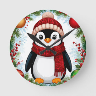 Reloj Redondo Mediano Pingüino Festivo Decorado Con Adornos Navideños
