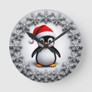 Reloj Redondo Mediano Pingüino lindo en sombrero de Navidad copos de nie