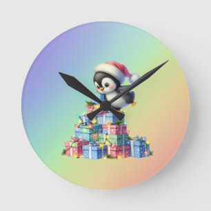 Reloj Redondo Mediano Pingüino Navidad con regalo y tarjeta de luz