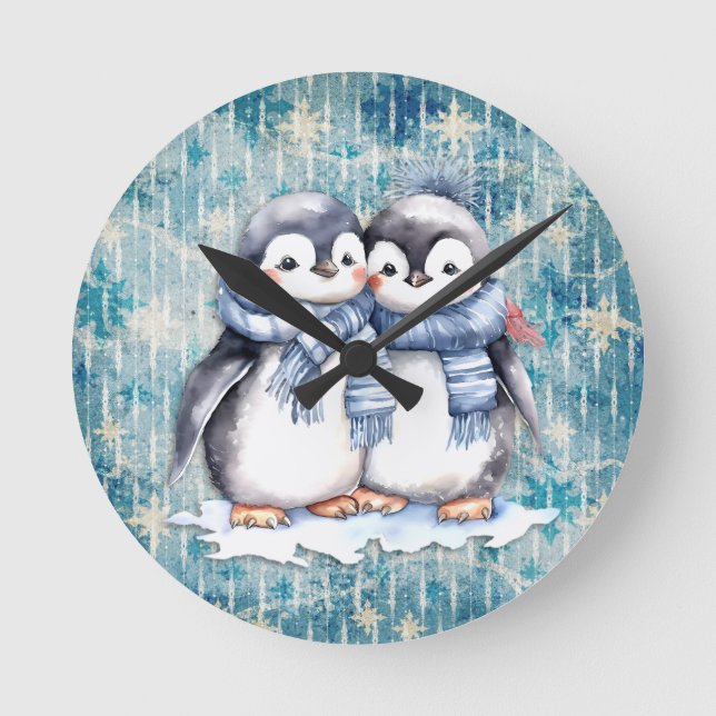 Reloj Redondo Mediano Pingüinos de acuarela azul invernal con escarabajo (Anverso)