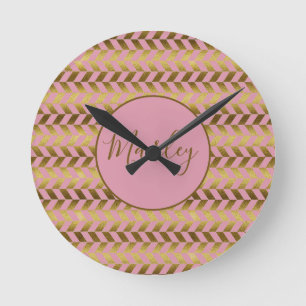 Reloj Redondo Mediano Pink and Gold Herringbone Personalized
