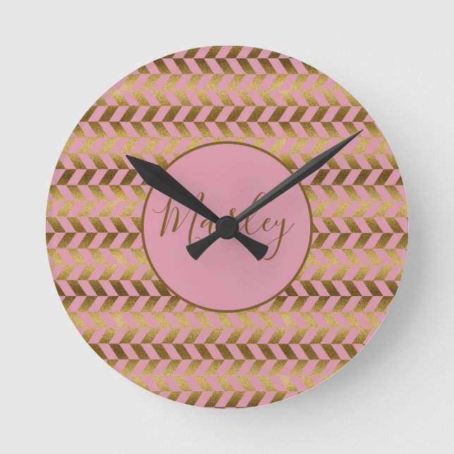 Reloj Redondo Mediano Pink and Gold Herringbone Personalized (Anverso)