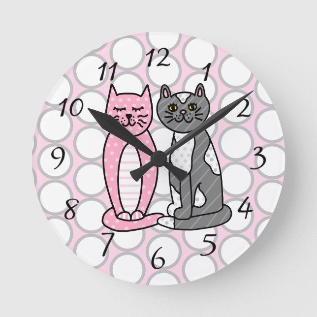 Reloj Redondo Mediano Pink and Gray Cuddly Cute Kitty Cats  (Anverso)