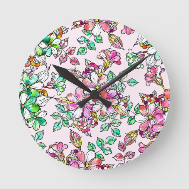 Reloj Redondo Mediano Pink and green flowers (Anverso)