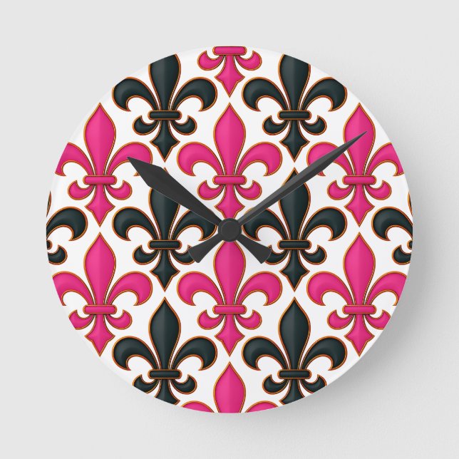 Reloj Redondo Mediano Pink Black Baroque Fleur-de-lis Pattern Design  (Anverso)