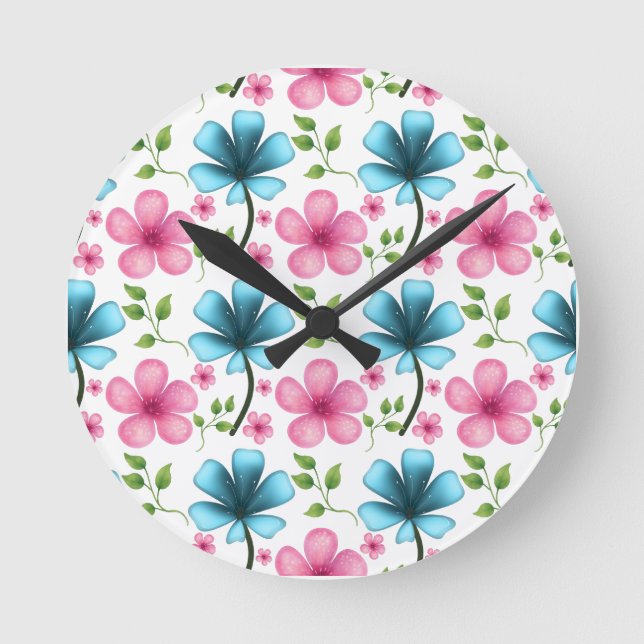Reloj Redondo Mediano Pink & Blue Floral Seamless Pattern (Anverso)