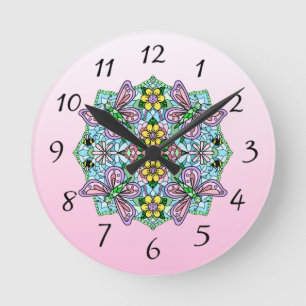Reloj Redondo Mediano Pink Butterfly Mandala Whimsical Hand Drawn  