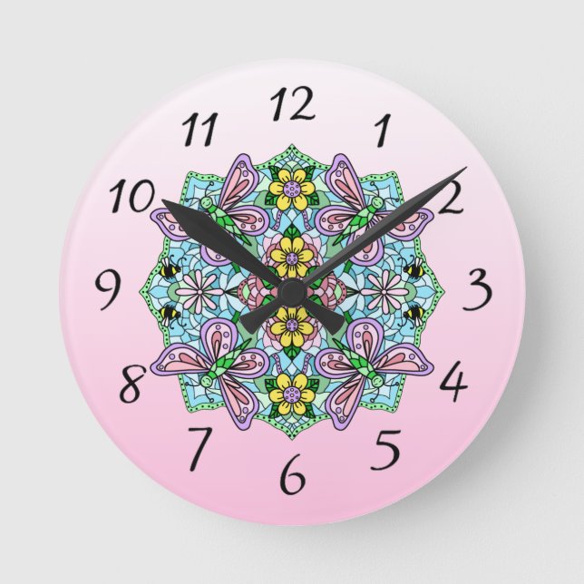 Reloj Redondo Mediano Pink Butterfly Mandala Whimsical Hand Drawn   (Anverso)