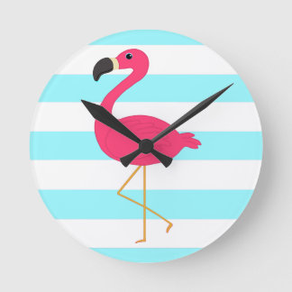 Reloj Redondo Mediano Pink Flamingo on Light Teal Stripes
