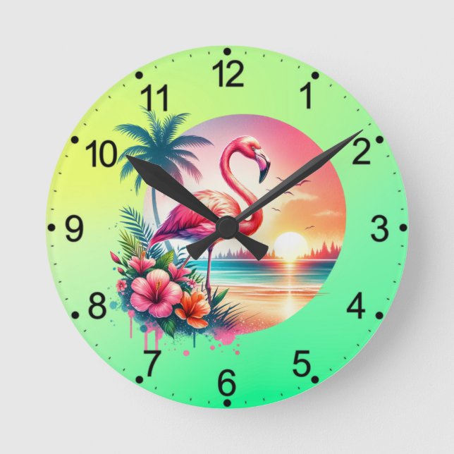 Reloj Redondo Mediano Pink Flamingo Sunset Clipart (Anverso)
