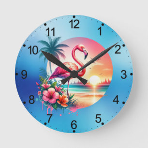 Reloj Redondo Mediano Pink Flamingo Sunset Clipart