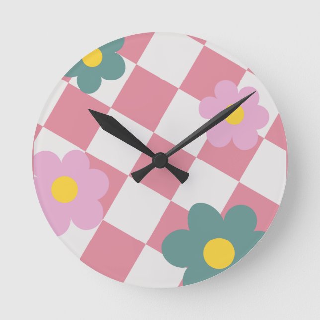 Reloj Redondo Mediano Pink Gingham Floral Pattern – Retro Cute Flower  (Anverso)
