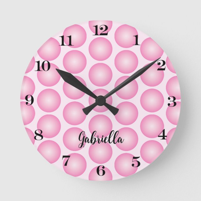 Reloj Redondo Mediano Pink Girly Dots Black Script Name Wall Clock (Anverso)