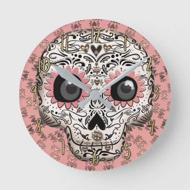 Reloj Redondo Mediano Pink & Gold Sugar Skull & Cute Whimsical Hearts (Anverso)
