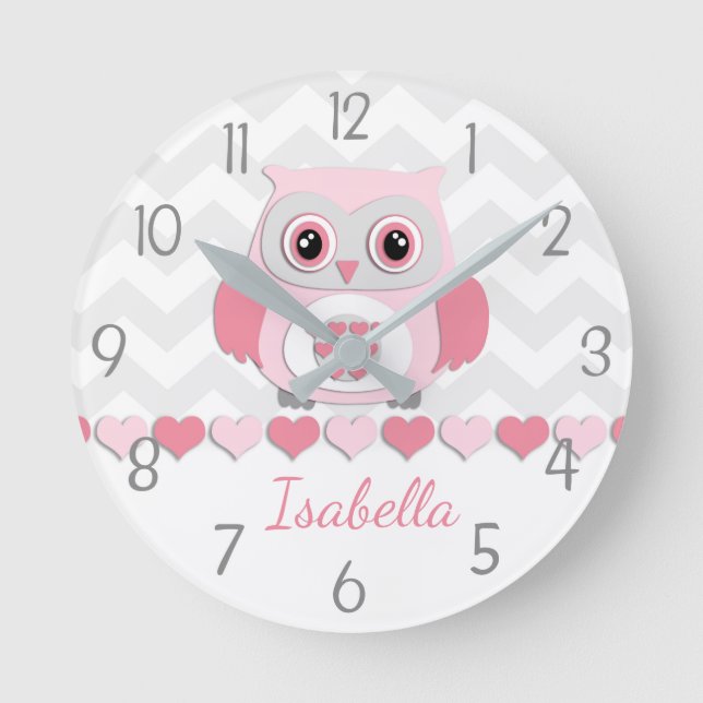 Reloj Redondo Mediano Pink Grey Owl Wall Clock (Anverso)