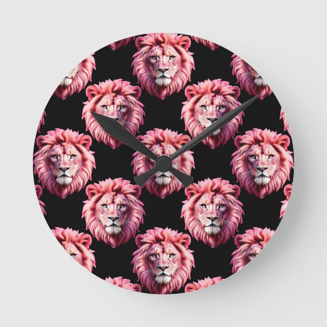 Reloj Redondo Mediano Pink Lion Head Animal Pattern Design - Black  (Anverso)