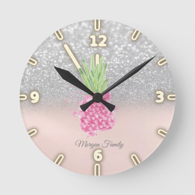 Reloj Redondo Mediano Pink Pineapple Glitter Silver Glitter Bokeh   (Anverso)