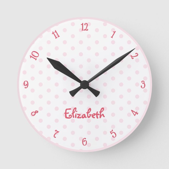 Reloj Redondo Mediano Pink Polka Dot Nombre personalizado Chicas Niños S (Anverso)