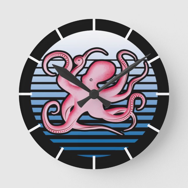 Reloj Redondo Mediano Pink Retro Octopus (Anverso)