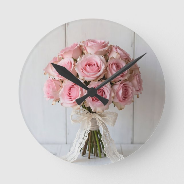 Reloj Redondo Mediano Pink Rose Bouquet Pearl Lace Romantic (Anverso)