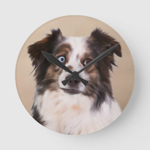 Reloj Redondo Mediano Pintura al óleo de perro pastor australiano Arte